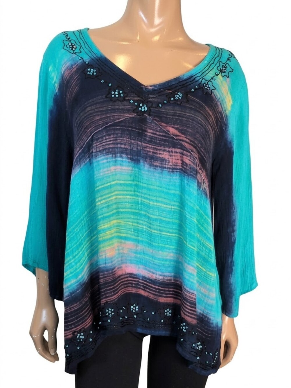 Charlie Paige Tie Dye Beaded Vneck Tunic Top Womens One Size Boho Resort Beach